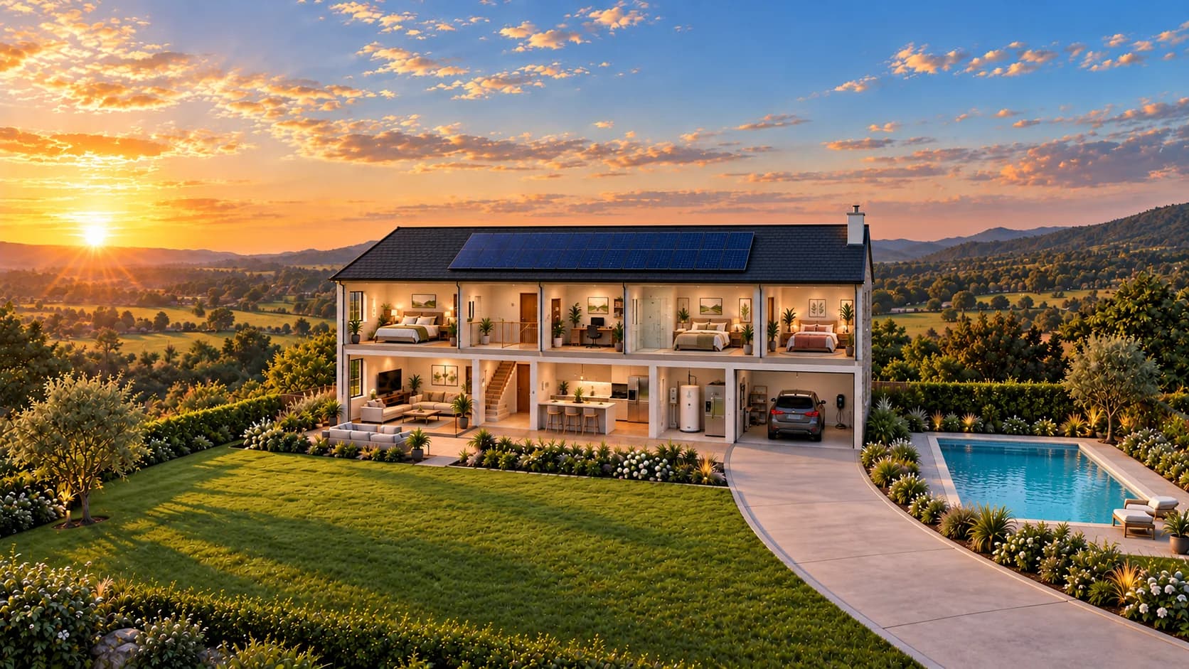 Inhabis landing-page image of a solar-powered cutaway home at sunrise